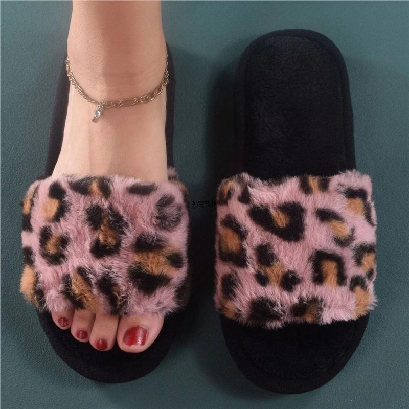 Trollo de moda al por mayor piel peluda apertura leopardo fabricante zapatillas cálidas otoño e invierno zapatillas de una palabra felpa interior