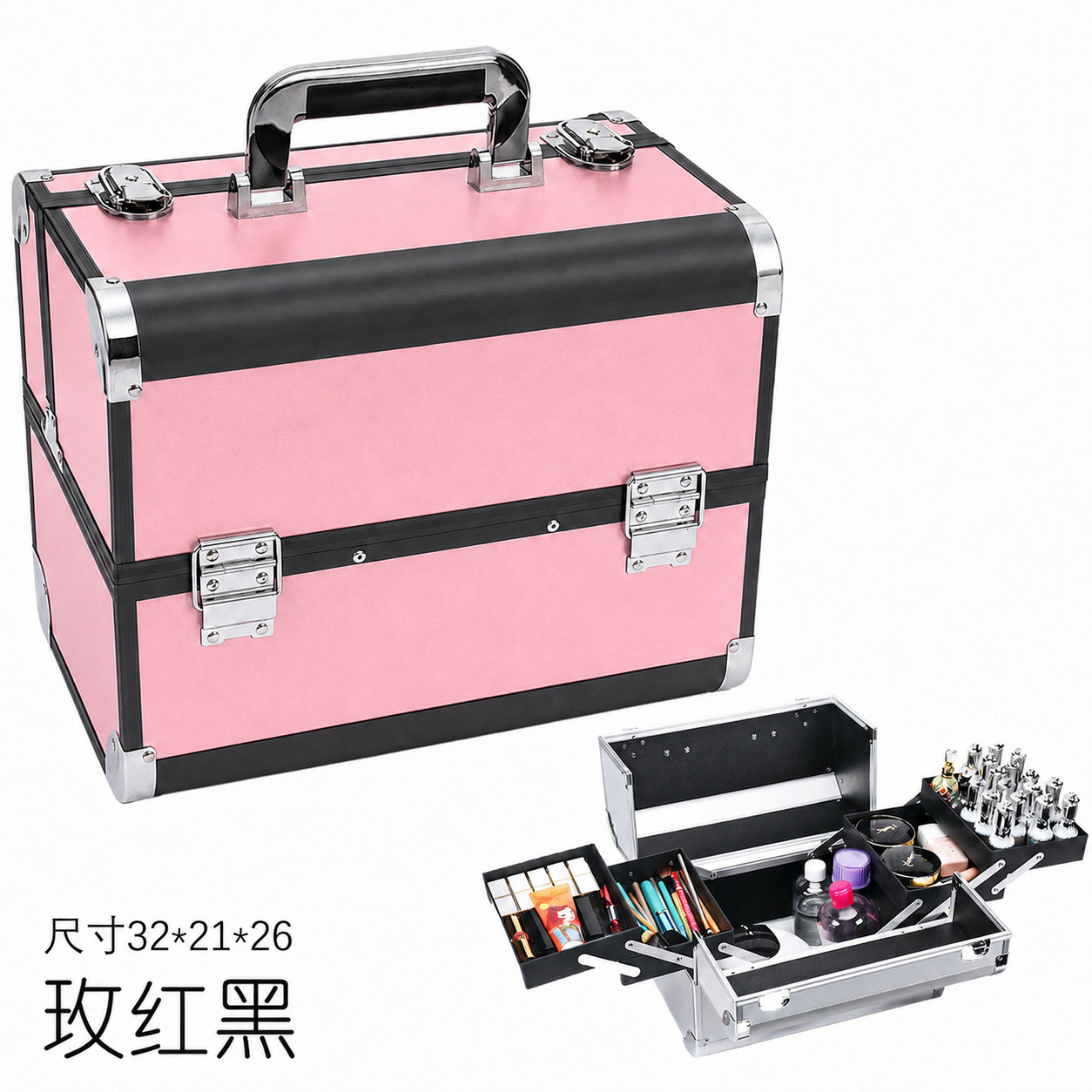 Caja de maquillaje, marco de aluminio portátil, caja de almacenamiento, caja de herramientas de belleza de manicura de pestañas, caja de herramientas de peluquería bordada al por mayor, caja de herramientas portátil image 13