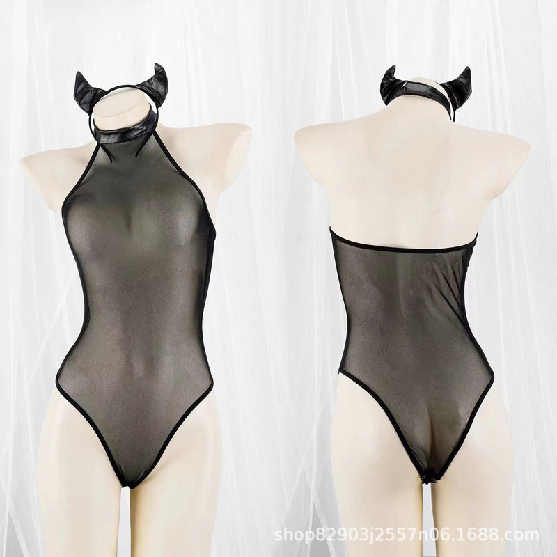 Zhizhizhi Bow Jumpsuit Fishnet Stockings Sling Black Silk Mesh Clothes Seductive Seductive Open Crotch Large Size Sexy