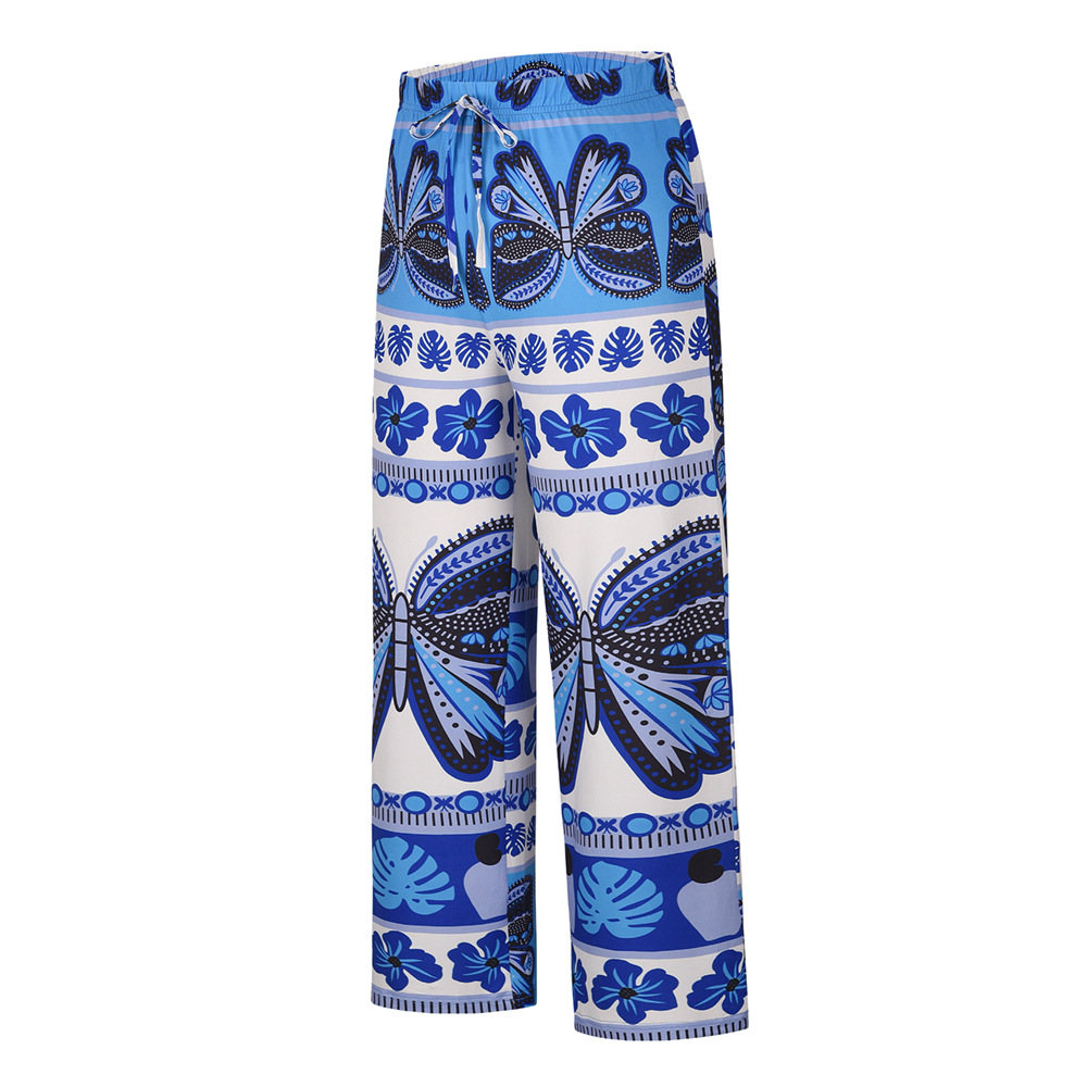 summer high waist wide leg print straight beach trousers  NSHYG118518