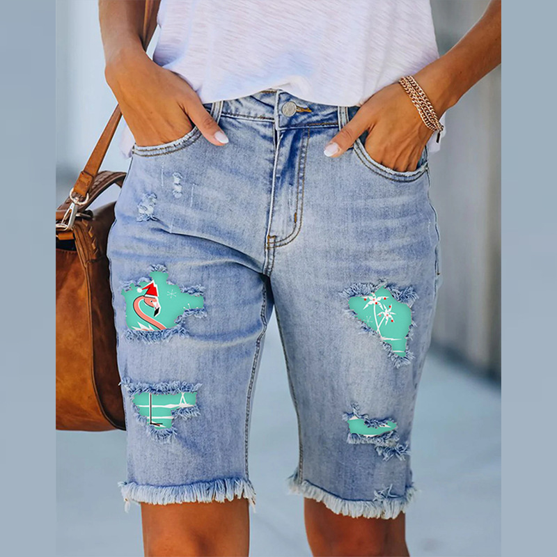 European and American cross-border independent station fashion new summer straight pants mid-waist printed ripped cropped pants women's jeans European and American cross-border independent station fashion new summer straight pants mid-waist printed ripped cropped pants women's jeans
