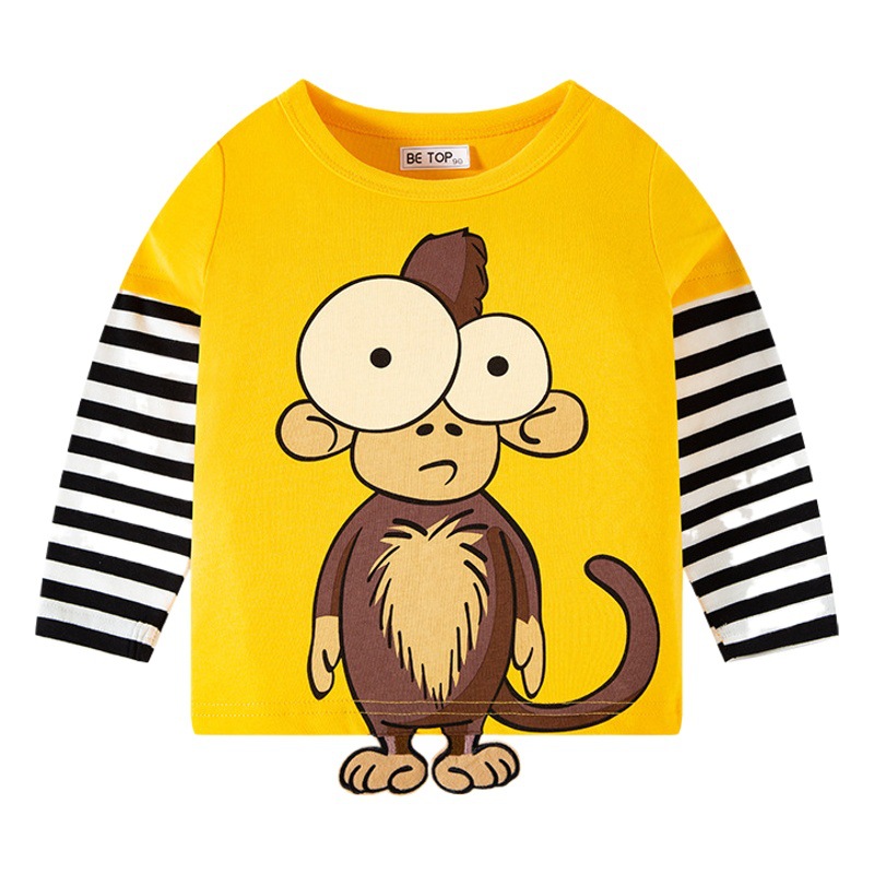 2024 primavera y otoño nuevos niños de rayas patchwork manga tridimensional de dibujos animados Camiseta de algodón puro bebé Top camisa de fondo de los niños