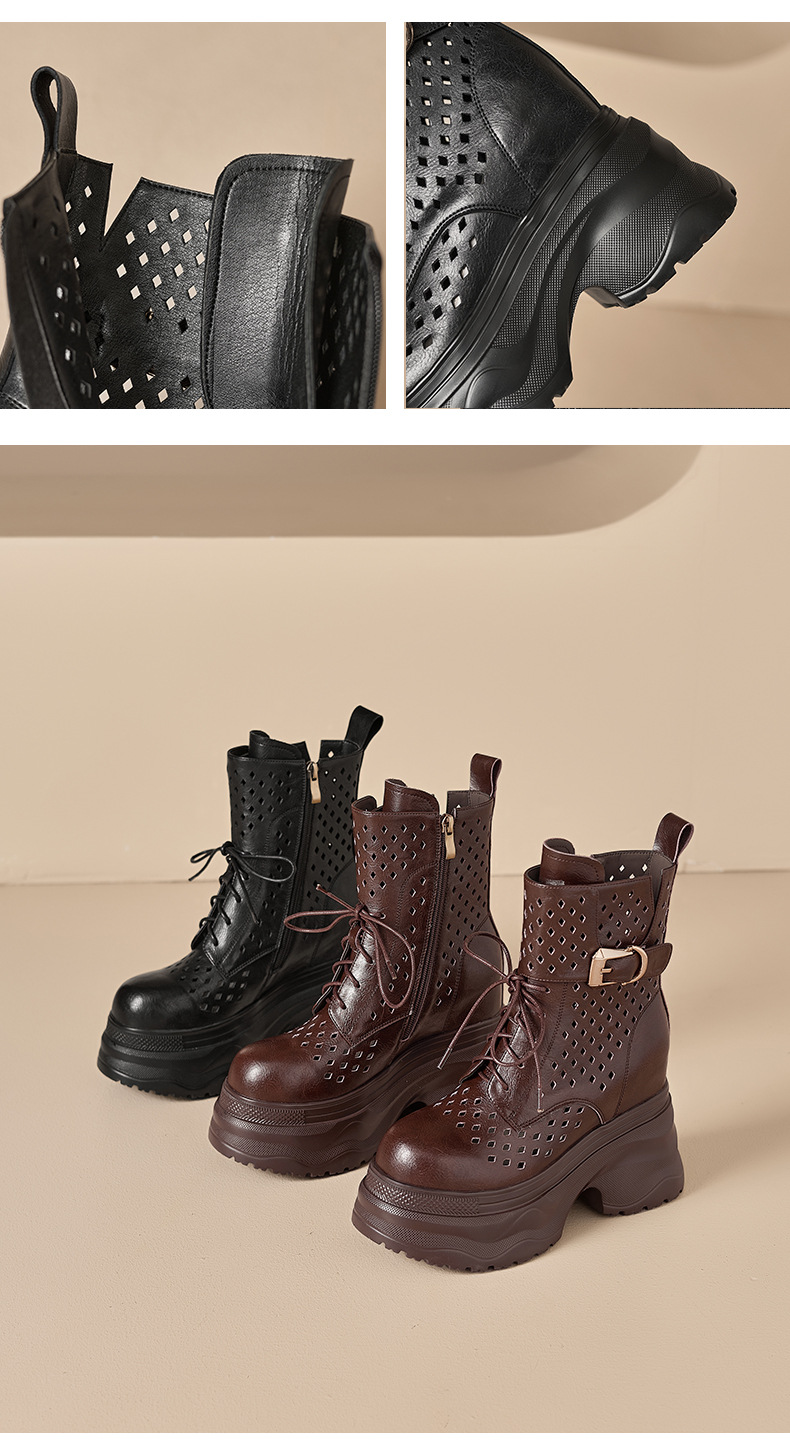Boot nữ cổ cao ôm bắp chân đế platform gót 12 cm, phong cách hầm hố — màu nâu, màu đen chi tiết 11