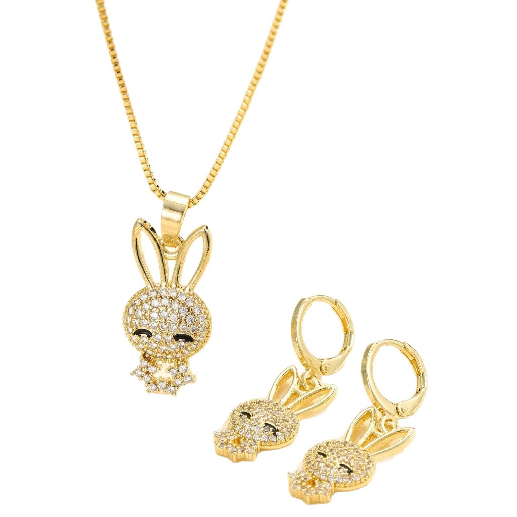 Amazon E-commerce moda dibujos animados conejo colgante diseño ligero lujo completo aretes de zircón conjunto de pendientes
