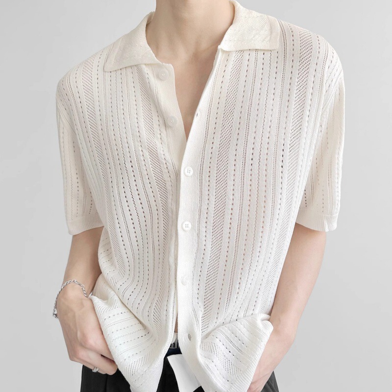 South Korea Hollow Lapel Short-sleeved Men's Abstinence Knitwear Fashionable Lace Shirt Cardigan T-shirt Summer Duffy Handsome