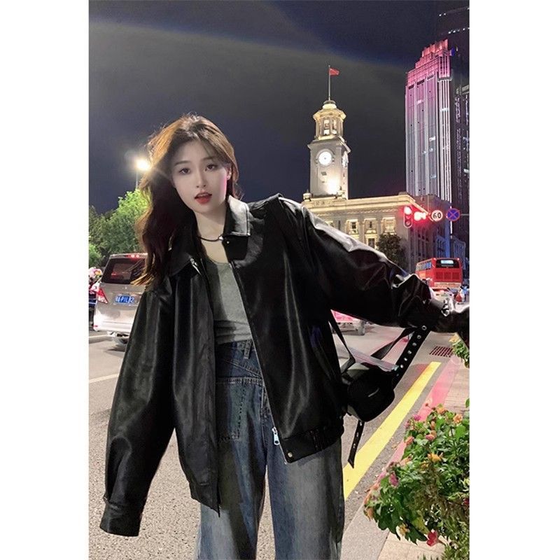 大码酷帅气黑色pu皮衣女秋冬美式复古设计感休闲宽松机车夹克外套|undefined