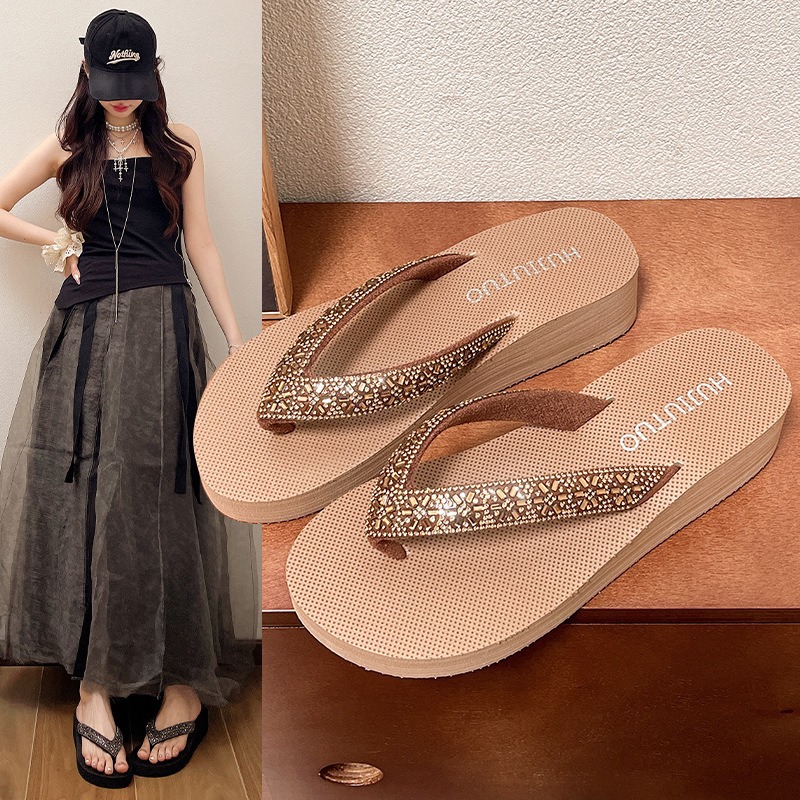 Fashionable Rhinestone Top Quality Women's Summer Thick-Soled Non-Slip Outdoor Beach Flip-Flops_voghion.com