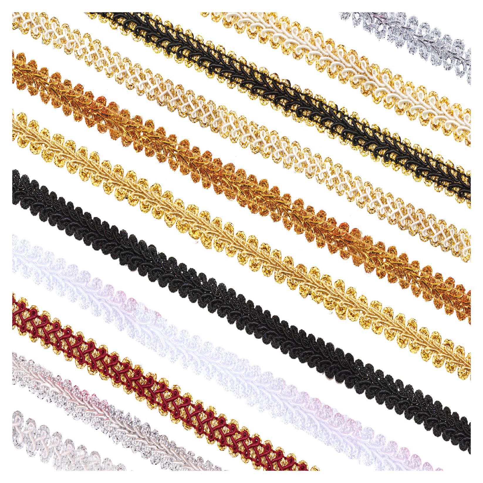 Fábrica al por mayor de oro y plata encaje de seda onda encaje cinta estilo étnico etapa Ropa Accesorios espiga encaje