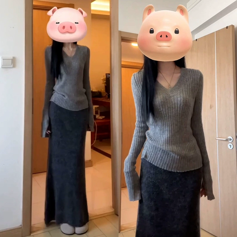 Летнее корейское серое трикотажное платье с длинными рукавами, весна 2025, новый женский костюм с длинной юбкой-рыбкой для невысоких женщин