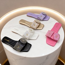 夏季平底一字拖女鞋大花朵水钻外出时尚非洲鞋现货女凉鞋slippers