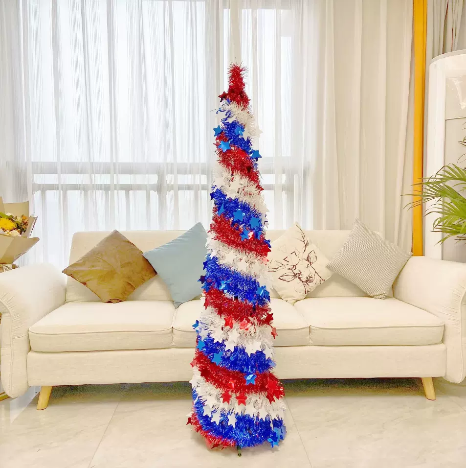 1.5m美国彩条圣诞收缩树装饰用品摆件酒店商场展示品可折叠毛条树