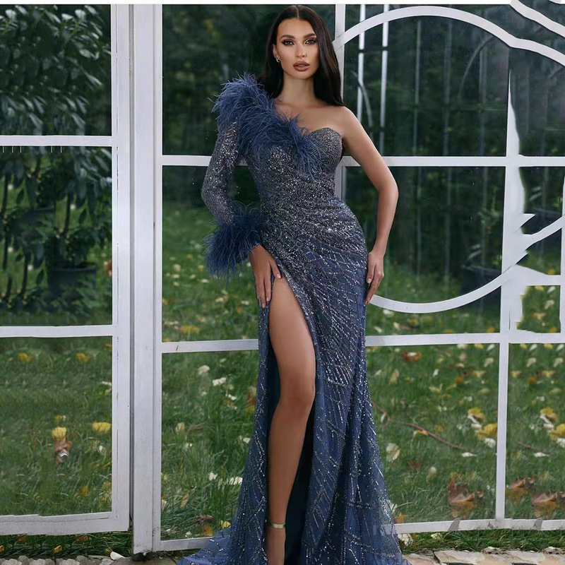2025 Cross-Border Spring and Summer New European and American Evening Dress Sequined Slit Sexy Prom Floor-Length Dress Long Skirt