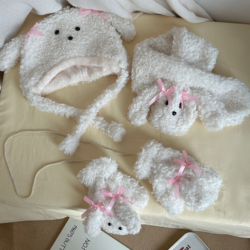 Lazy Holiday~Shop/Teddy Hairy Cartoon Cute Gloves Hat Scarf 3-Piece Set for Autumn and Winter Warmth_voghion.com