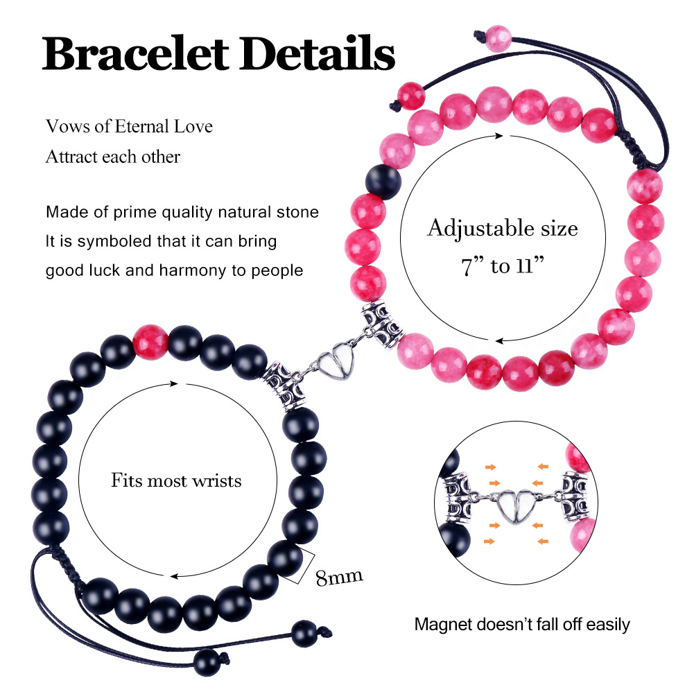 19g Weight Bracelets Classification 2 Pieces Quantity Holiday, Daily Occasion Natural Stone Alloy Magnet Material Heart Shape Pattern Unisex Gender Beaded, Knitting Design Simple Style, Classic Style Style Simple Style Classic Style Heart Shape Natural Stone Alloy Magnet Bracelets In Bulk 2