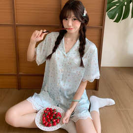 实拍夏季新款冰雪丝卡通宽松睡衣女韩系休闲甜美可爱家居服套装