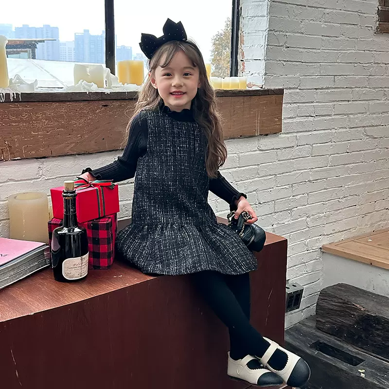 艾摩贝贝女童加厚小香风背心裙子儿童黑金丝洋气打底娃娃连衣裙