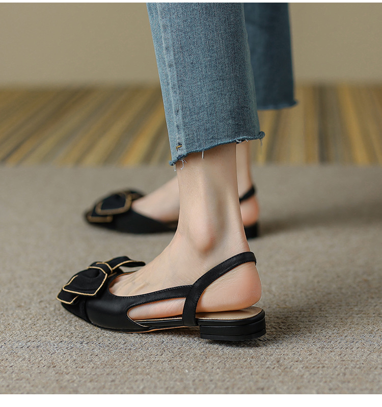 Sandal nữ bít mũi đế bệt phong cách cổ điển nơ phối màu — Màu đen chi tiết 15