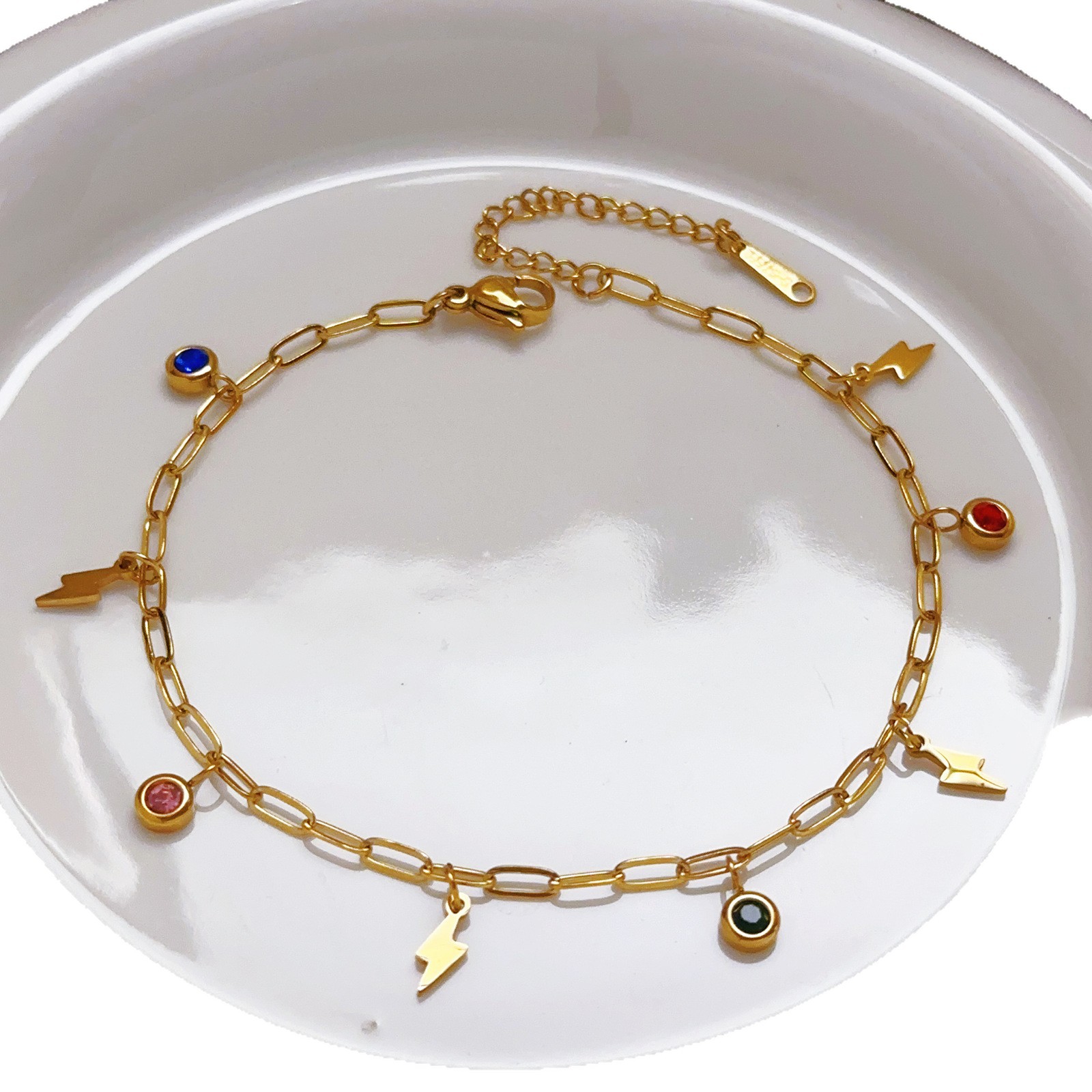 Personalidad transfronteriza de moda de acero inoxidable color dopamina zircon relámpago pequeño colgante joyas de tobillas nicho mujer joyas de pie