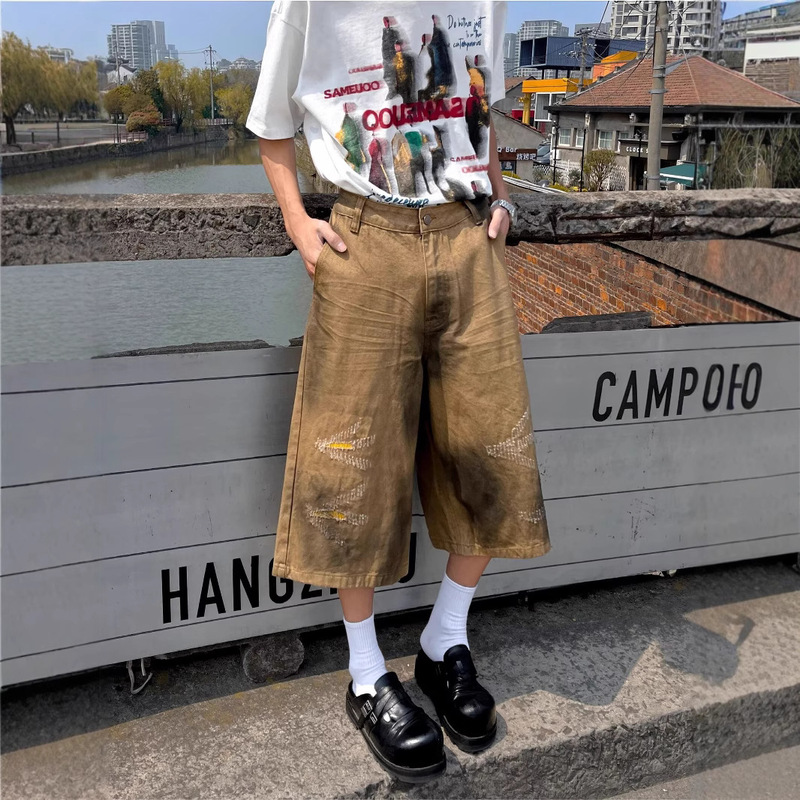 2025 Export American Style Cropped Jeans Men's High Street Niche Design Retro Khaki Frayed Straight Shorts