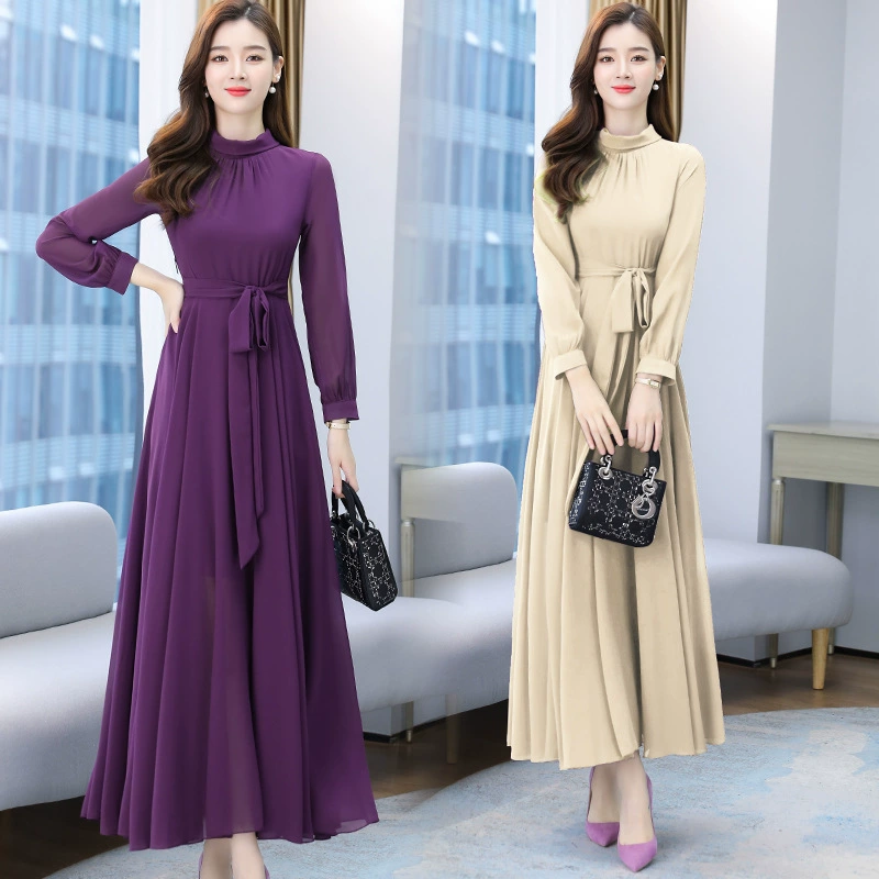 Fitted chiffon long‑sleeve maxi dress, spring beach style, S–4XL