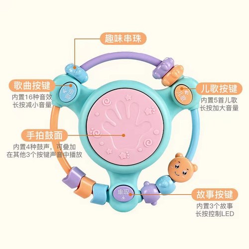 Baby Music Hand Beat Drum Beaded Beat Drum 0-3 Years Old Baby Multifunctional Projection Early Education Educational Toy Story Machine