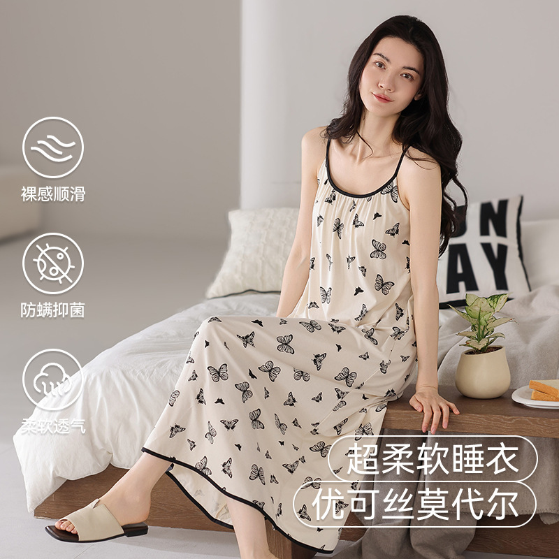 胸パッド付き女性用モーダルサスペンダーナイトガウン、夏用涼しい薄手のパジャマドレス、ゆったりとしたホームウェアとして着用できます。|undefined