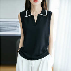 polo领复古学院风针织无袖背心女25夏季薄款精仿羊毛白边t恤上衣