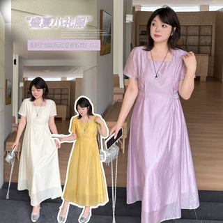 伊诺大码法式方领腰带连衣裙女2026夏季新款天丝凉爽中长裙264886