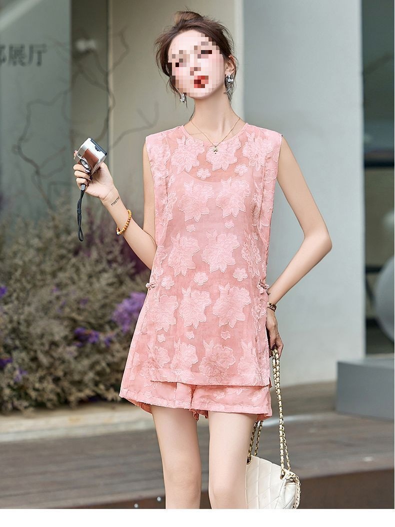 Bộ quần short áo không tay nữ phong cách quốc phong mới 2026 — Bộ màu xanh lá cây nhạt, Bộ màu hồng nhạt chi tiết 10
