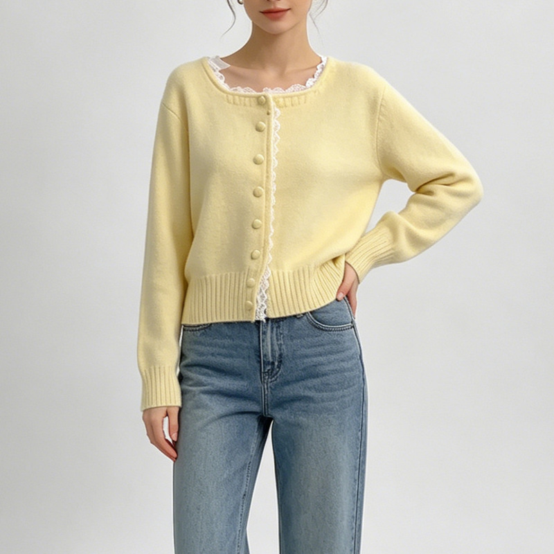 Spring and Autumn New Stylish Sweet Lace Trim Niche Cross-Border Gentle Knit Cardigan Sweater Women's Coat Women's Top