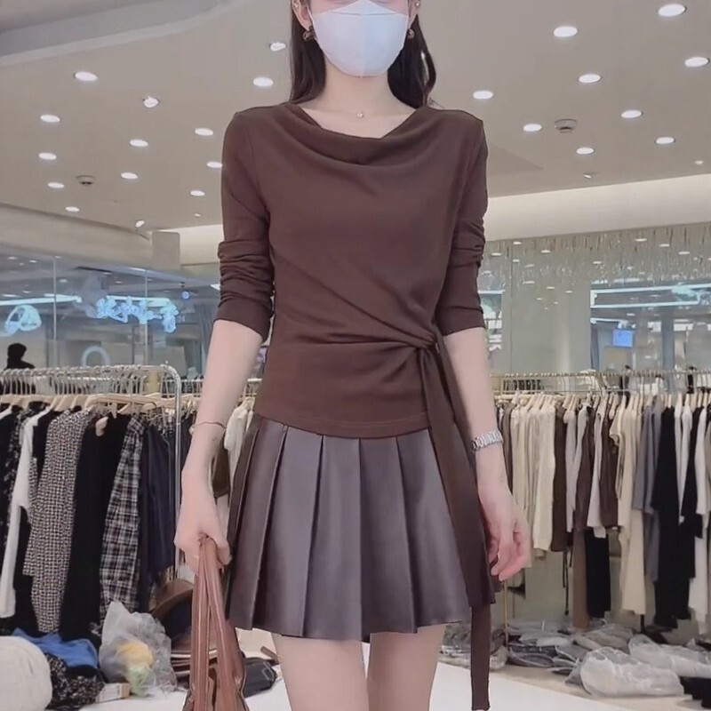 独特别致绝美蓝条纹飘带荡领长袖t恤女秋季大码胖mm显瘦漂亮上衣|undefined