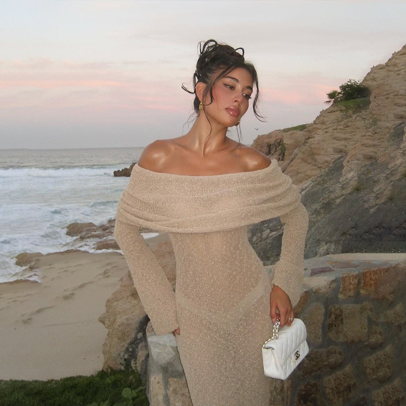 European and American Style 2023 New Autum Fashion Sequined One-Line Collar Sexy Backless See-Through High-Waist Slim Long Dress