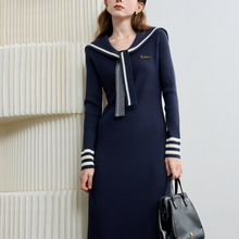 气质海军风针织撞色连衣裙秋冬季新款女装学院减龄收腰打底裙子
