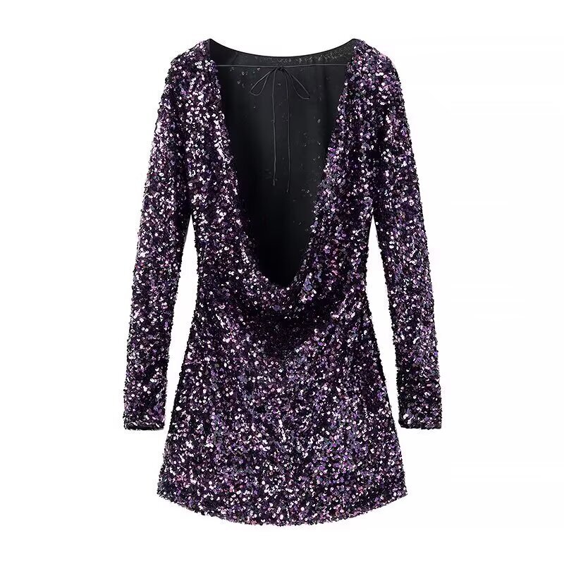 European and American Cross-Border Women's Autumn and Winter New Round Neck Long-Sleeved Hip-Covering Slim Banquet Dress Sequined Mini Dress European and American Cross-Border Women's Autumn and Winter New Round Neck Long-Sleeved Hip-Covering Slim Banquet Dress Sequined Mini Dress