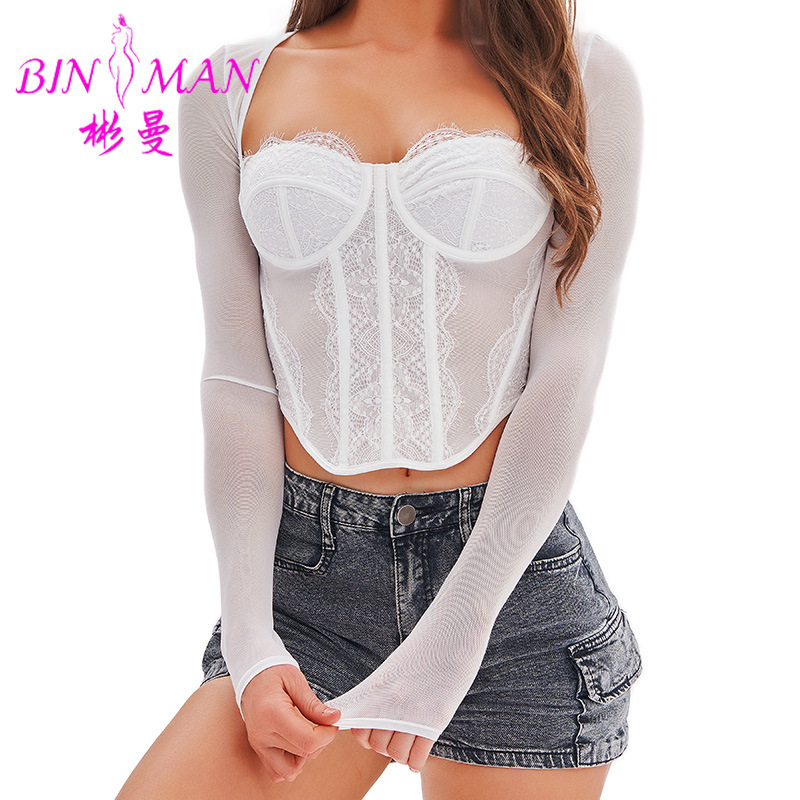 New European and American Cross-Border Steel Ring Slim Mesh Splicing Top Sexy Lace See-Through Long-Sleeved Fishbone Bra