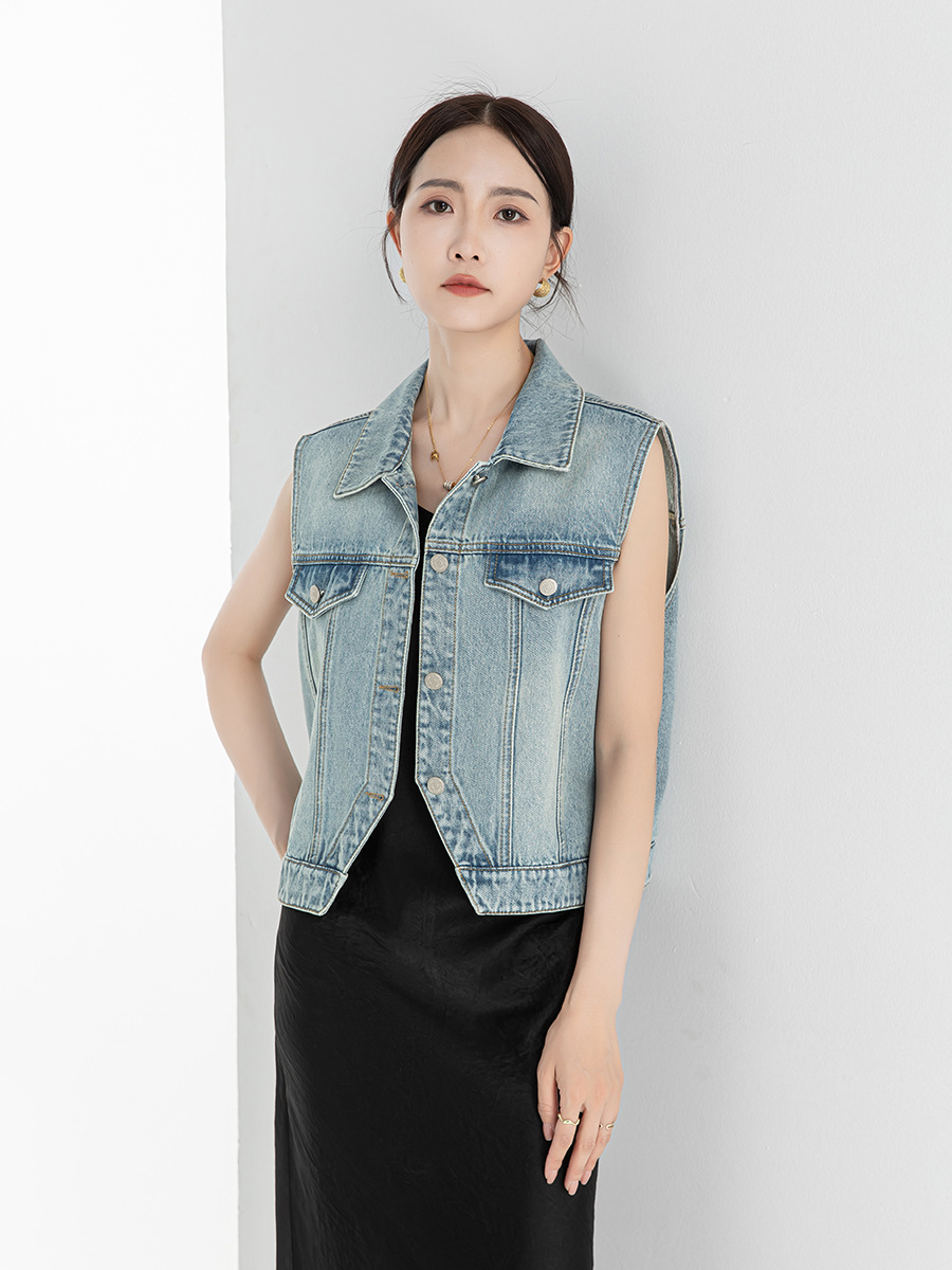 Áo gi lê bò mẫu ngắn Xinge không tay cạp cao cá tính thời trang tôn dáng mặc ngoài mùa hè — Màu xanh lam nhạt