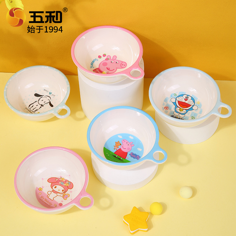 Wholesale of Wuhe Children's Round-Handled Bowls, Food-Grade Melamine Tableware, Drop-Resistant, Anti-Scalding, Cartoon Baby Food Bowls, Household Bowls