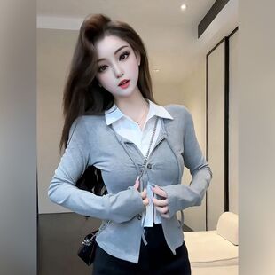 Fashion Fake Two-piece Elegant Lapel Long-sleeved Shirt Autumn and Winter New Irregular Slim-fit Slim Tops T-shirt Women