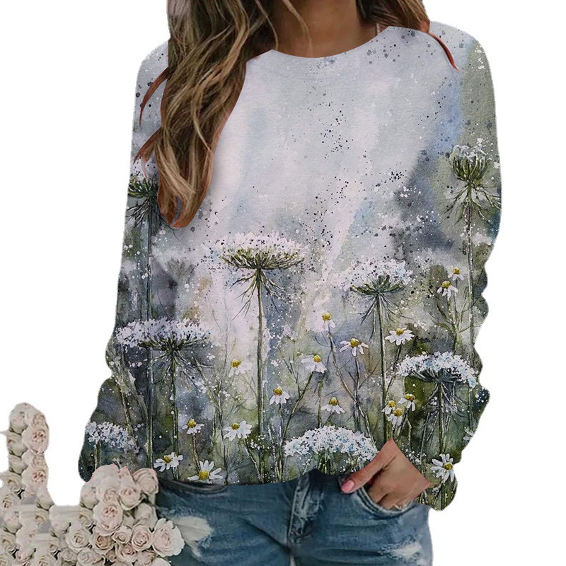 3D digital printed women's round neck hoodie with floral patterns for spring autumn clothing, long sleeved and loose_voghion.com