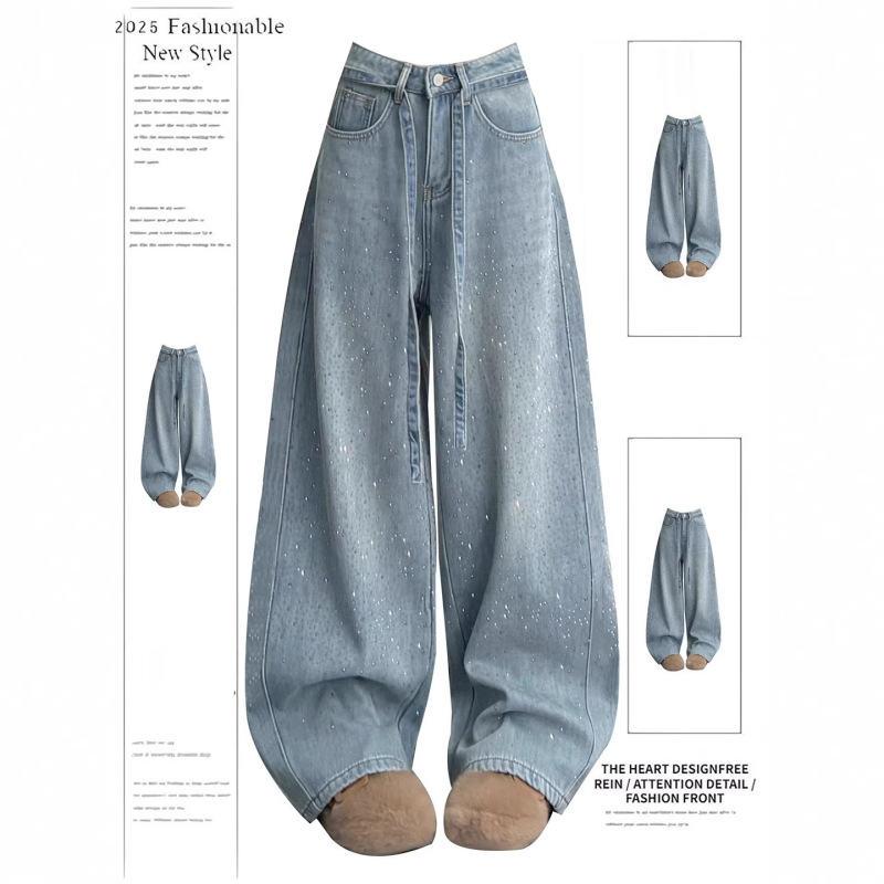 Two-Tone Starry Sky Rhinestone Wide-Leg Jeans with Heavy Rhinestone Embellishment, Gradient Wash, Fashionable and Versatile for Spring Two-Tone Starry Sky Rhinestone Wide-Leg Jeans with Heavy Rhinestone Embellishment, Gradient Wash, Fashionable and Versatile for Spring