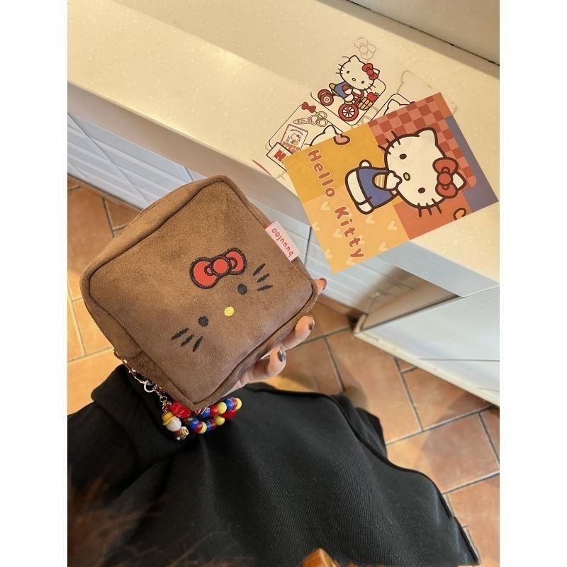 Brown Hello Kitty Portable Makeup Bag, Suede Square Small Bag, Girls' Storage Coin Purse Brown Hello Kitty Portable Makeup Bag, Suede Square Small Bag, Girls' Storage Coin Purse