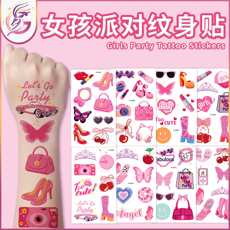 Girls Party Tattoo Sticker Childish Pink Princess Fit Dress Up Girls Party Bachelor Night Removable Temporary Tattoo