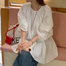 白色长袖衬衫裙女早秋韩系宽松短款蓬蓬连衣裙娃娃裙子中长款上衣