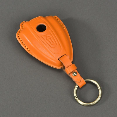 Car key bag: Cowhide Leather Key Cover - orange-round-buckle