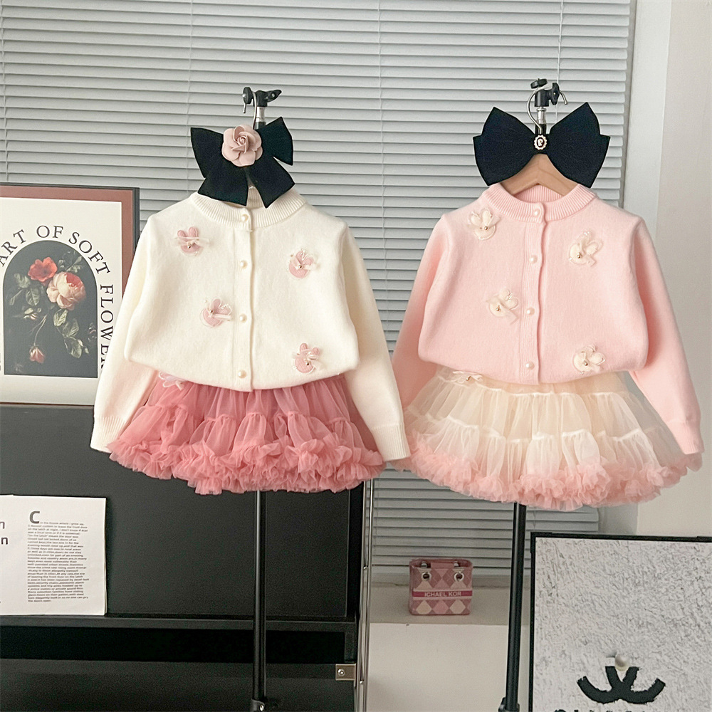 2024 Autumn/Winter New Tutu Long Sleeve Round Neck Solid Color Coat Children's Puff Skirt Two Piece Set Princess Style_voghion.com