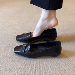 羊皮版方头法式山茶花蝴蝶结坡跟单鞋女浅口通勤气质复古平底鞋