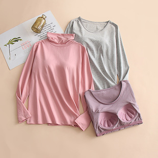 Pure Cotton with chest pad long sleeve T-shirt turtleneck round neck bra cup integrated sports yoga underwear pajamas bottoming shirt