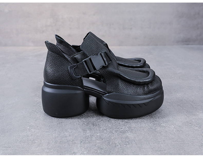Sandal cao gót nữ quai ngang đế xốp dày da bò thật — Màu nâu chi tiết 11