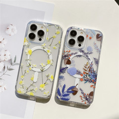 JT is suitable for iPhone15 printed magnetic case Apple 14promax double layer flower transparent mobile phone case ins style