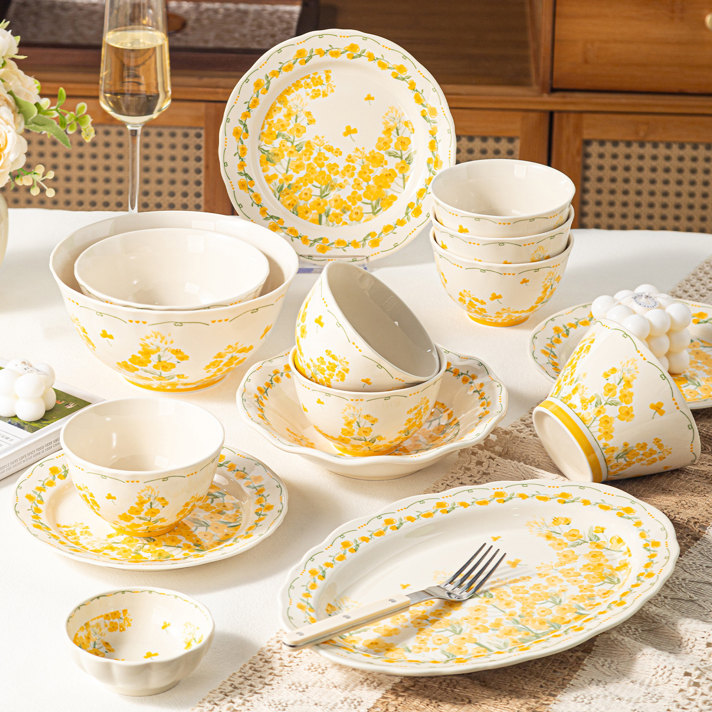 Plato de cerámica de esmalte amarillo, plato de pescado chino nuevo conjunto de plato de comedor casero, plato de arroz, regalo de alquiler